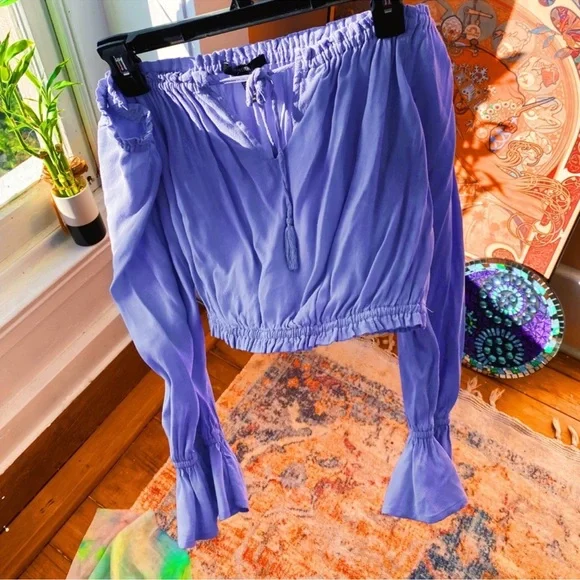 Periwinkle Blue Ruffle Peasant along Sleeved Off The Shoulder Crop Top - Picture 6 of 9